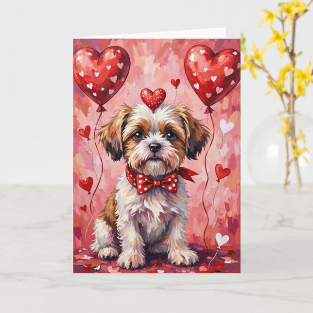 Shih Tzu Valentine Dog Sitting with Hearts Red Card (Yellow Flower)