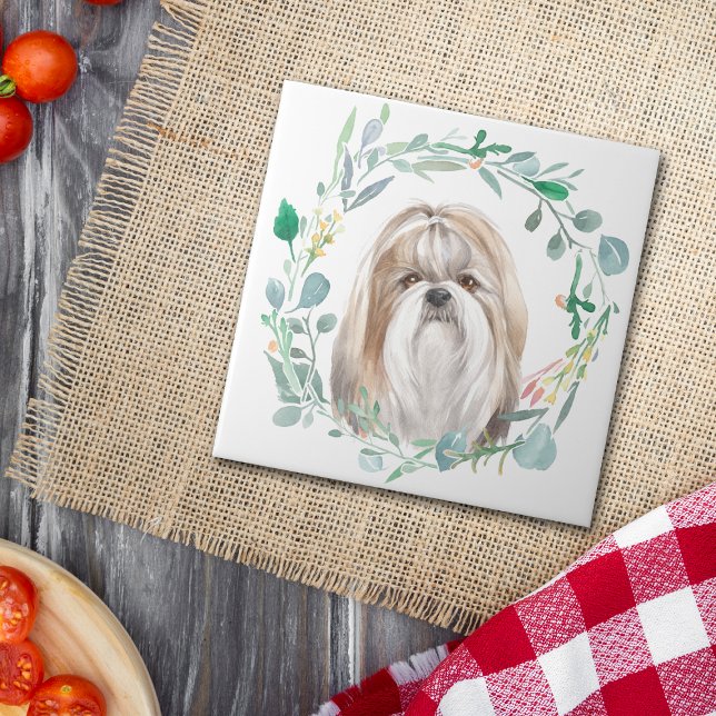 Shih-Tzu Watercolor Wreath Ceramic Tile (Creator Uploaded)