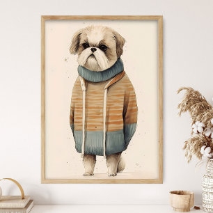 Shih Tzu Wearing Cozy Sweater, Funny Dog Decor, Poster