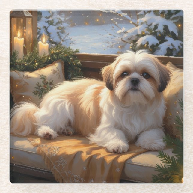 Shih Tzu with Christmas Lights Holiday  Glass Coaster (Front)
