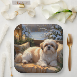 Shih Tzu with Christmas Lights Holiday Paper Plate