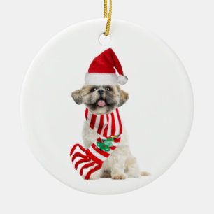 Shih tzu With Hat Scaft Christmas Ceramic Ornament