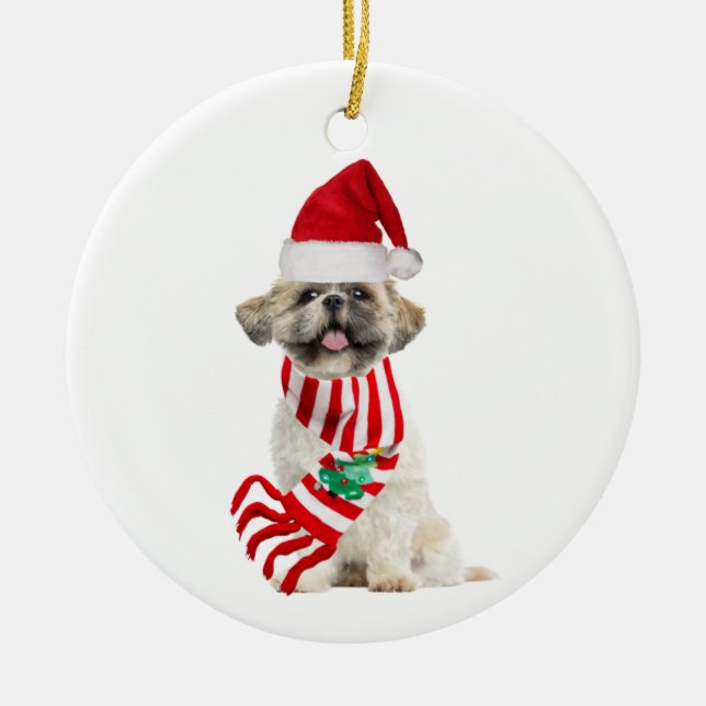Shih tzu With Hat Scaft Christmas Ceramic Ornament (Front)