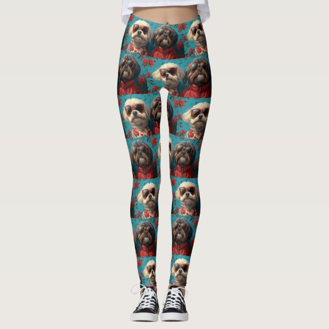 Shih Tzu with Heart Roses Valentine's Day  Leggings (Front)