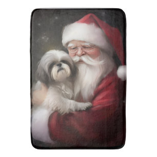Shih Tzu With Santa Claus Festive Christmas  Bath Mat