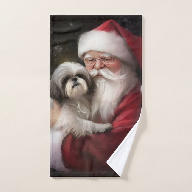 Shih Tzu With Santa Claus Festive Christmas  Bath Towel Set (Hand Towel)