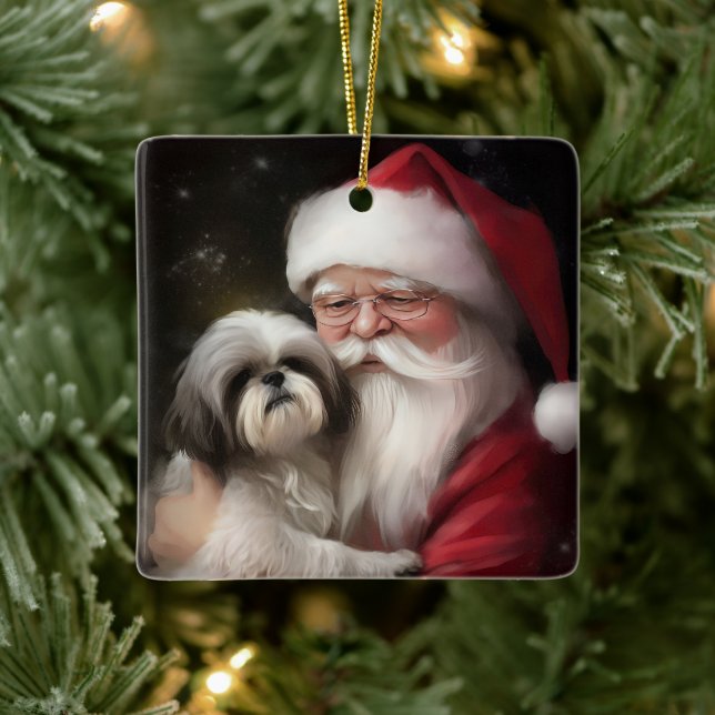 Shih Tzu With Santa Claus Festive Christmas  Ceramic Ornament (Tree)
