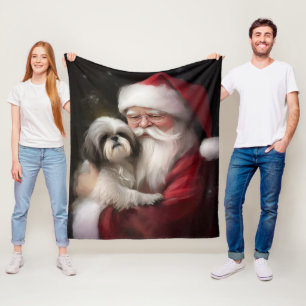Shih Tzu With Santa Claus Festive Christmas  Fleece Blanket