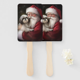 Shih Tzu With Santa Claus Festive Christmas Hand Fan