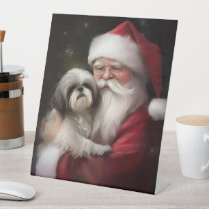 Shih Tzu With Santa Claus Festive Christmas Pedestal Sign