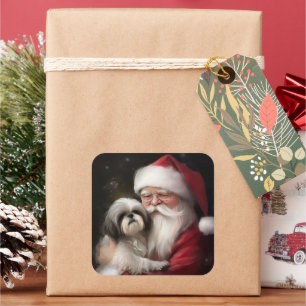 Shih Tzu With Santa Claus Festive Christmas  Square Sticker