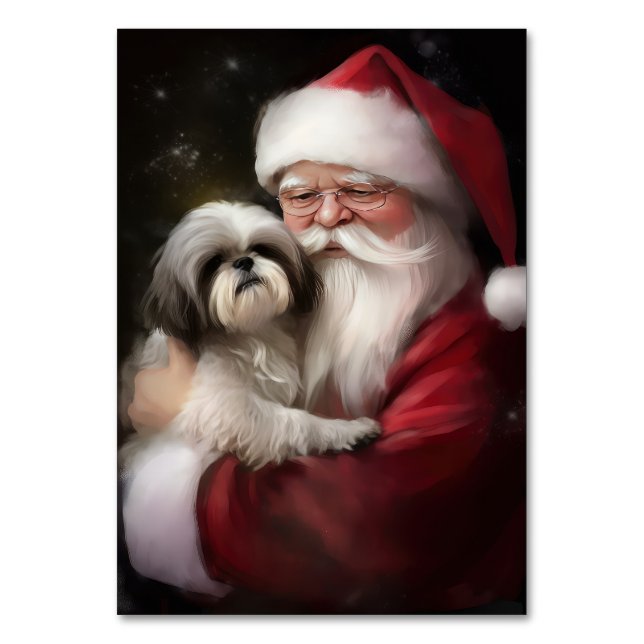 Shih Tzu With Santa Claus Festive Christmas  Table Number (Front)