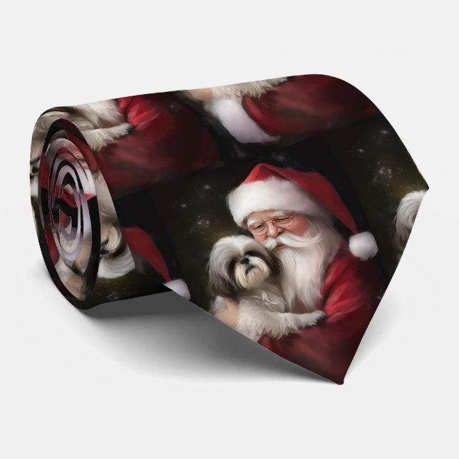 Shih Tzu With Santa Claus Festive Christmas  Tie (Rolled)