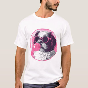 Shih Tzu with sunglasses and pink bubble gum T-Shirt