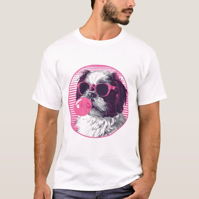 Shih Tzu with sunglasses and pink bubble gum T-Shirt (Front)