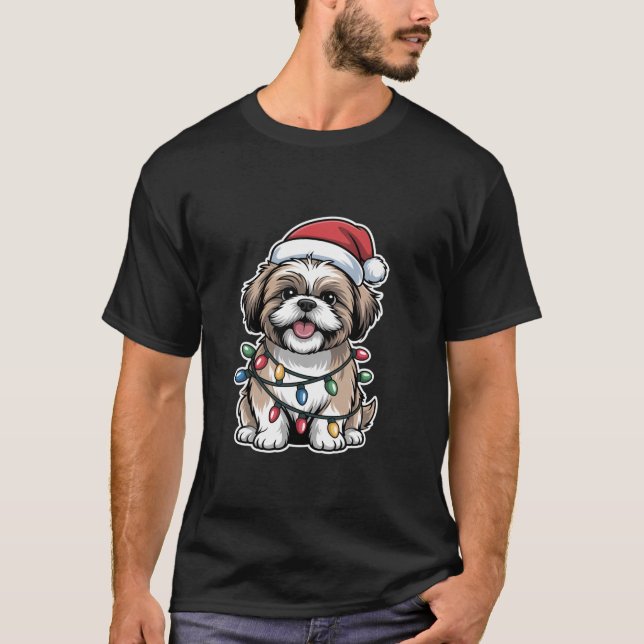 Shih Tzu Wrapped in Christmas Lights  T-Shirt (Front)