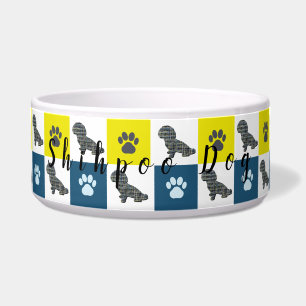 Shihpoo Dog & Paw Print Yellow Blue Grid Pet Bowl