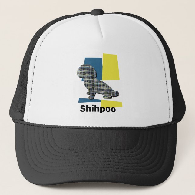Shihpoo Dog Silhouette Cute Tricolour Grid Trucker Hat (Front)