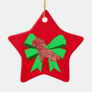 Shihpoo Dog Silhouette Green Bow Christmas Ceramic Ornament