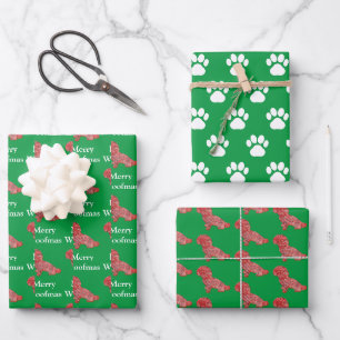 Shihpoo Dog Silhouette Green Merry Woofmas Wrapping Paper Sheet