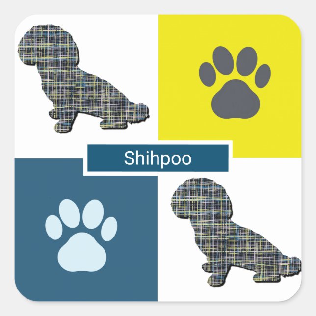 Shihpoo Dog Silhouette & Paw Print Y&B Grid Square Sticker (Front)