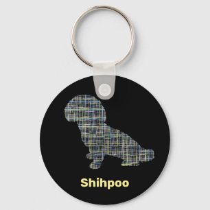Shihpoo Dog Silhouette Yellow & Black Grid Lines Key Ring