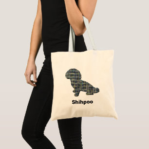 Shihpoo Dog Silhouette Yellow & Black Grid Lines Tote Bag