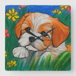 Shihtzu puppy crayon look art clock 