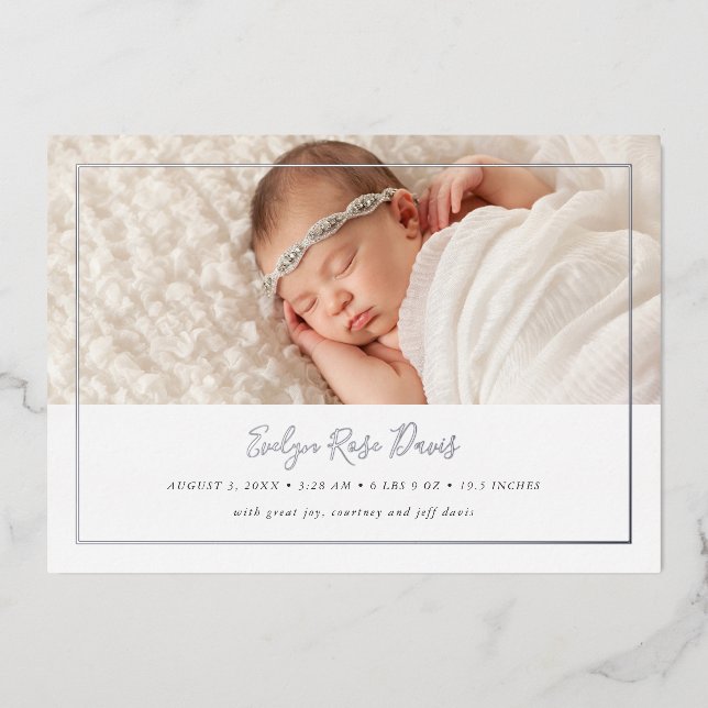 Shimmer 3 Photo Real Foil Birth Announcement Card (Front)