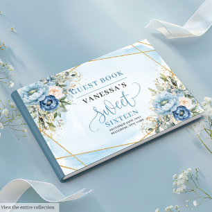 Shimmer Dusty Blue White Peonies Sweet Sixteen 16 Guest Book