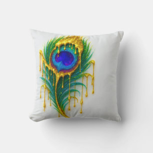 Shimmer Gold Drip Beauty Glam Peacock Feather Cushion