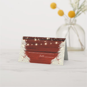 Shimmer Rustic Wood String Lights Trees Wedding Place Card