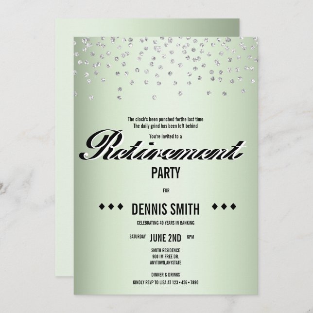 Shimmer | Silver Glitter Confetti Retirement Party Invitation (Front/Back)