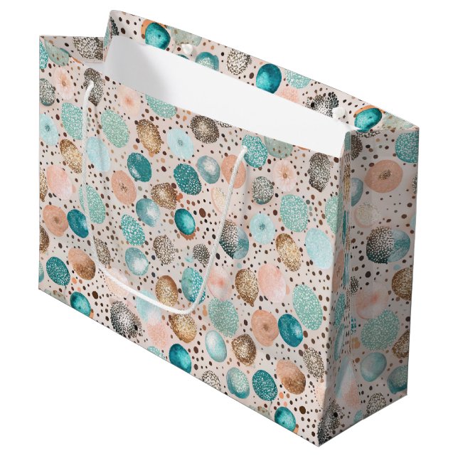 Shimmering Abstract Dot Pattern in Turquoise, Pink Large Gift Bag (Front Angled)