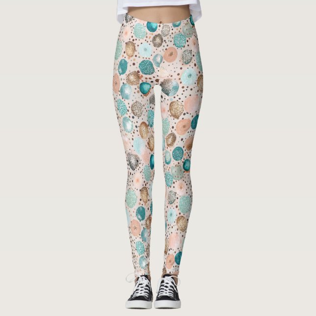 Shimmering Abstract Dot Pattern in Turquoise, Pink Leggings (Front)