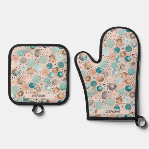 Shimmering Abstract Dot Pattern in Turquoise, Pink Oven Mitt & Pot Holder Set
