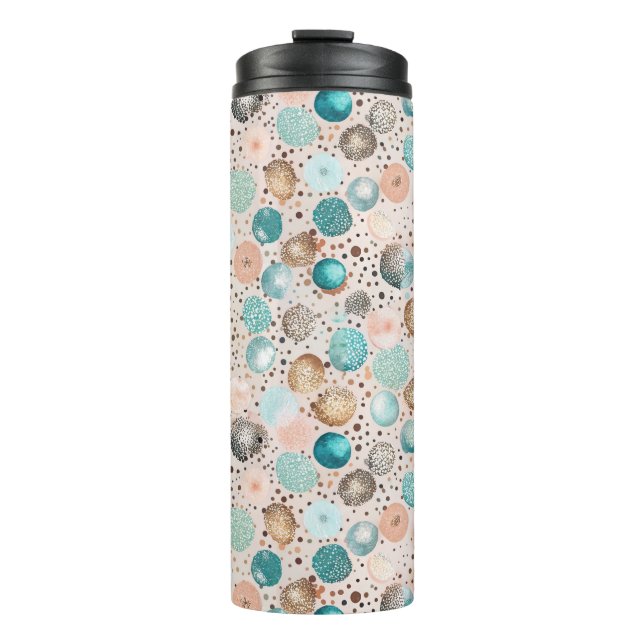 Shimmering Abstract Dot Pattern in Turquoise, Pink Thermal Tumbler (Front)