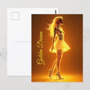 Shimmering beauty in stylish golden dress art postcard