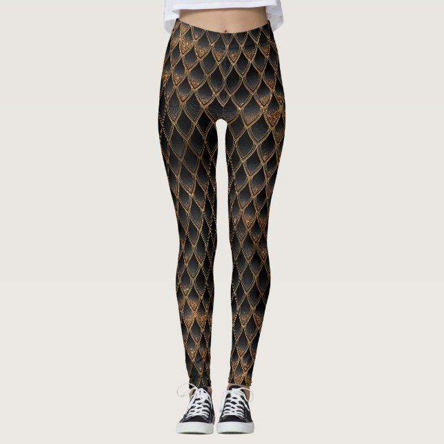 Shimmering Black & Gold Glitter Dragon Scales Leggings (Front)