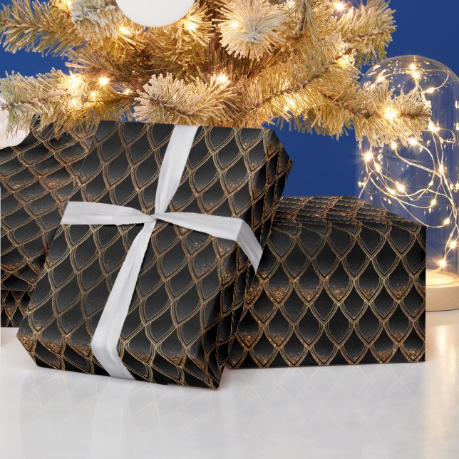 Shimmering Black & Gold Glitter Dragon Scales Wrapping Paper (Holidays)
