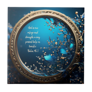 Shimmering Blue and Gold Frame Bible Verses  Ceramic Tile