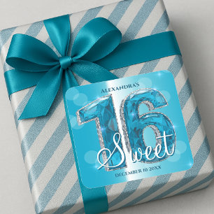 Shimmering Blue Gemstone Sweet 16 Celebration Square Sticker