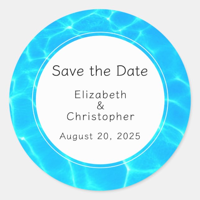 Shimmering Blue Pool Water Reflections Wedding Classic Round Sticker (Front)