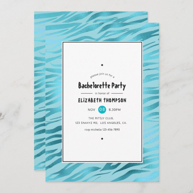 Shimmering Blue Tiger Stripes Bachelorette Party Invitation (Front/Back)