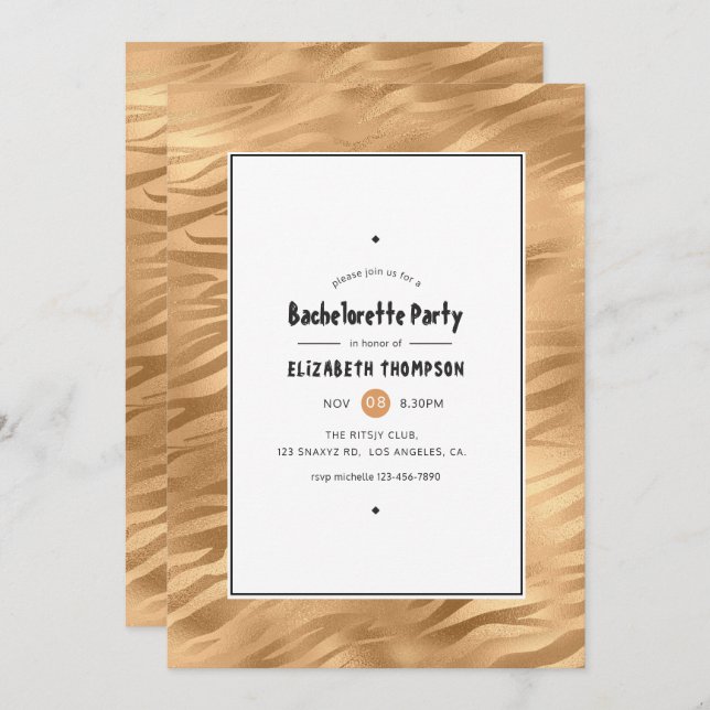 Shimmering Bronze Tiger Stripes Bachelorette Party Invitation (Front/Back)