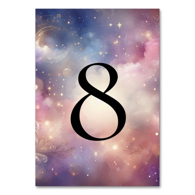 Shimmering Celestial Stardust Skies Wedding Table Number (Front)