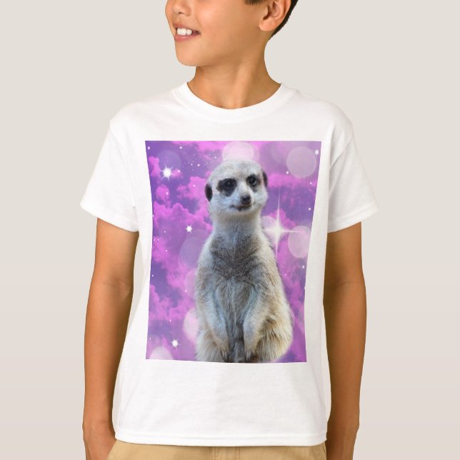 Shimmering Charm: Meerkat on Pink Bokeh Background T-Shirt (Front)
