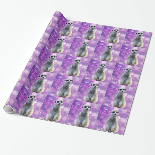 Shimmering Charm: Meerkat on Pink Bokeh Background Wrapping Paper (Unrolled)