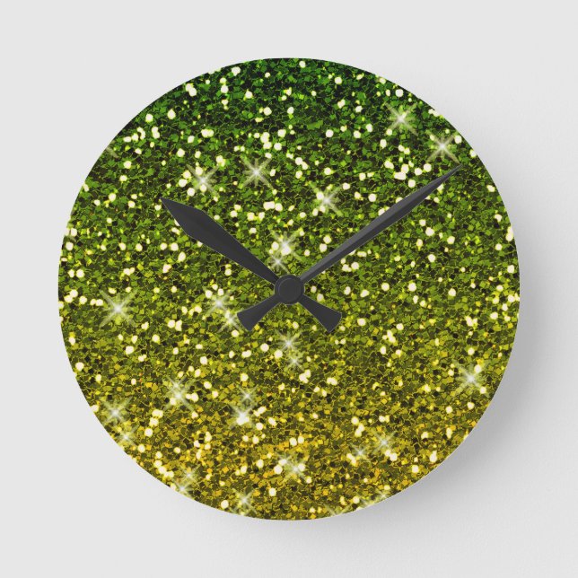 Shimmering Dark Green Gold Glitters Round Clock (Front)