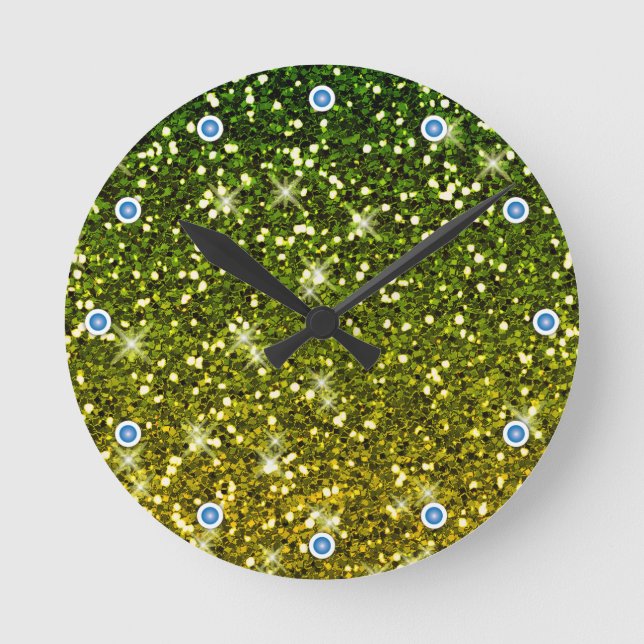 Shimmering Dark Green Gold Glitters Round Clock (Front)